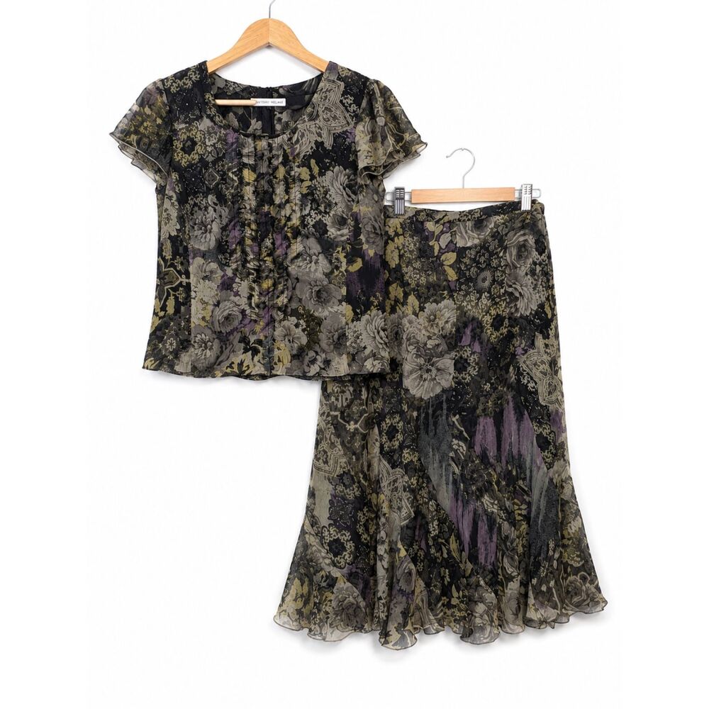 Vintage '90s Y2K Atian 2-Piece Italian Skirt Set Size IT48 Sheer Floral Mesh - Picture 2 of 11